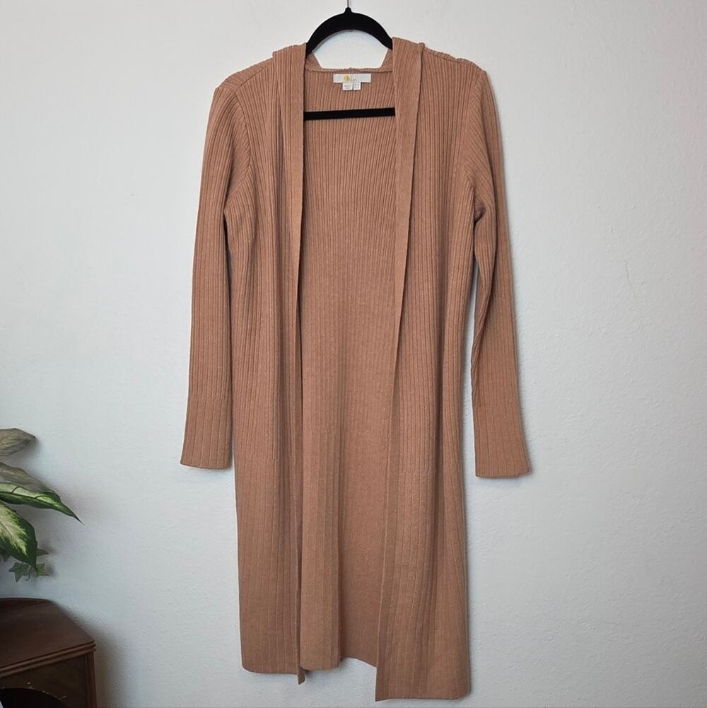 BODEN Tan Camel Ribbed Open Front Hooded Longline Cardigan Sweater Size 2